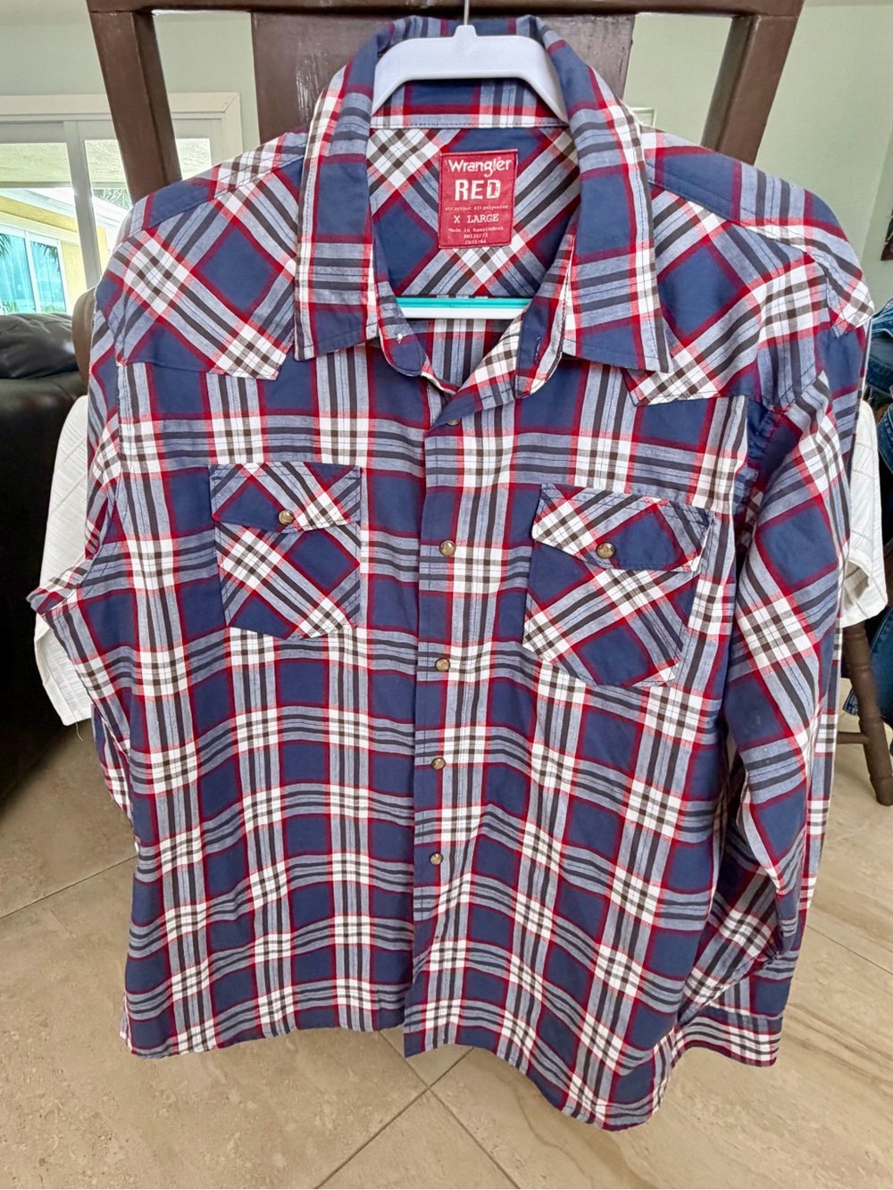 Wrangler RED Men's XL Plaid Long Sleeve Western Pearl Snap Shirt Blue Red